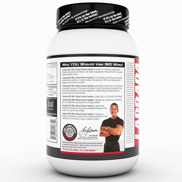 Labrada ISO WHEY 100% Whey Protein Isolate (Post Workout, 25g Protein, 0g Sugar, 0g Fat, Gluten Free, Lactose Free, 30 Servings) - 2 lbs (900g) - Image 3