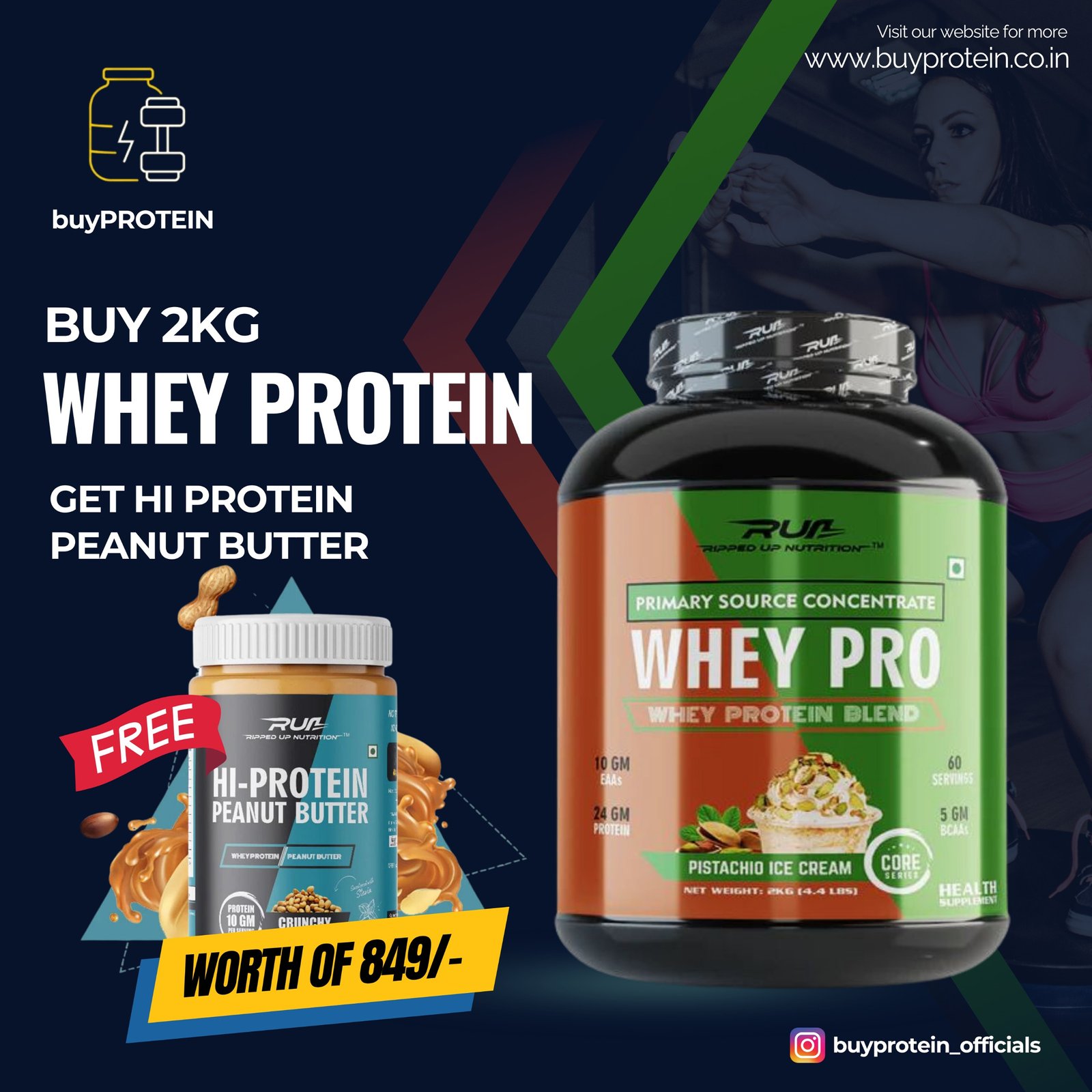 Combo Offer - Buy RUN 2Kg Whey and Get Free Hi Protein Peanut Butter