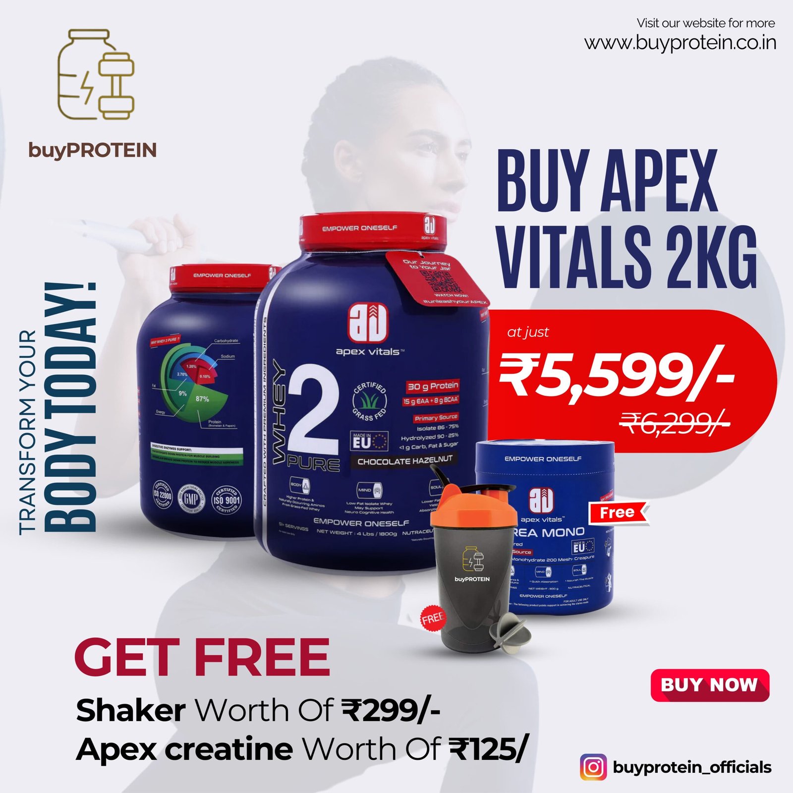 Combo Offer - Buy Apex 2Kg Isolate and Get Free Shaker & Apex Creatine 300gm
