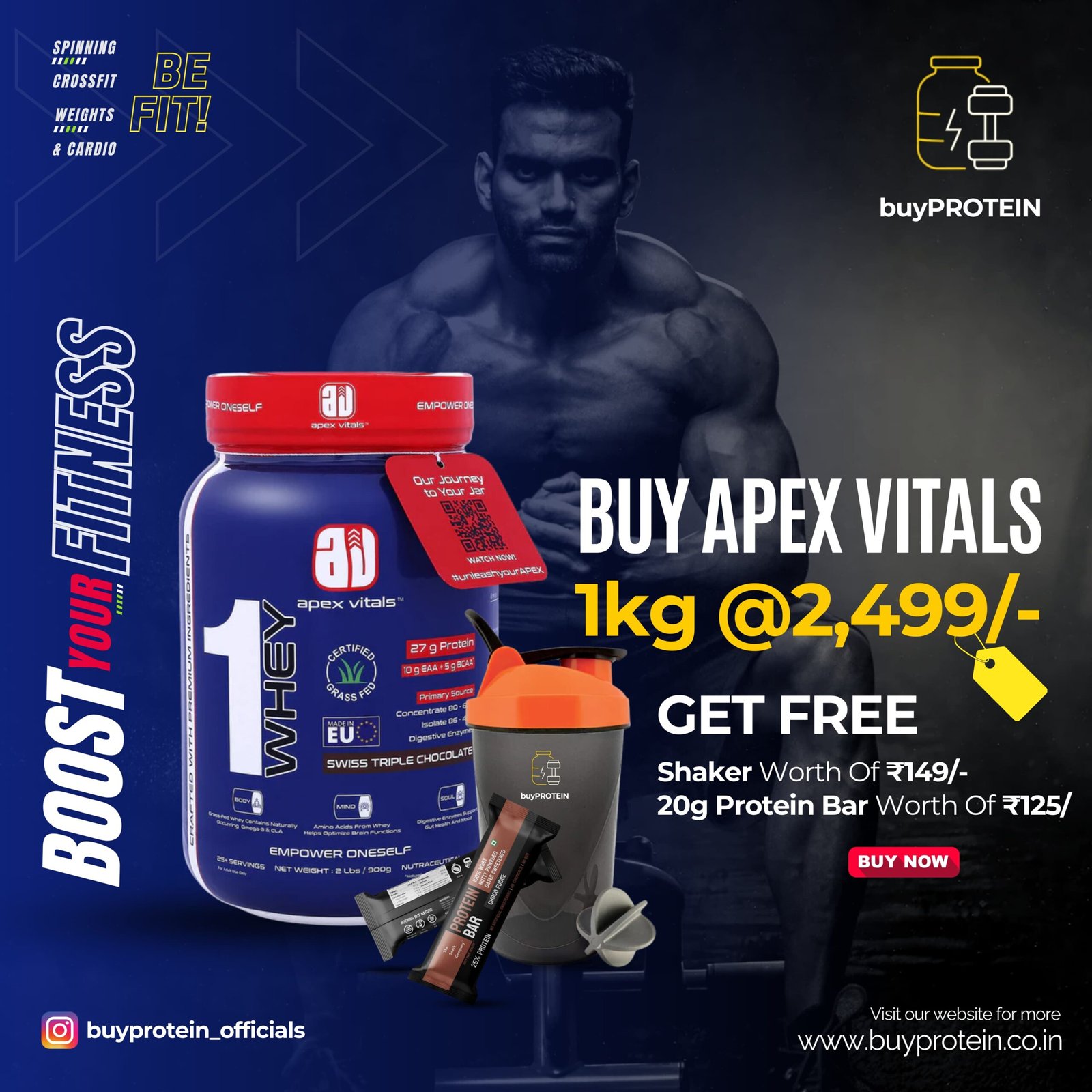 Combo Offer - Buy Apex 1Kg Whey and Get Free Shaker & QNT 20gm Protein Bar