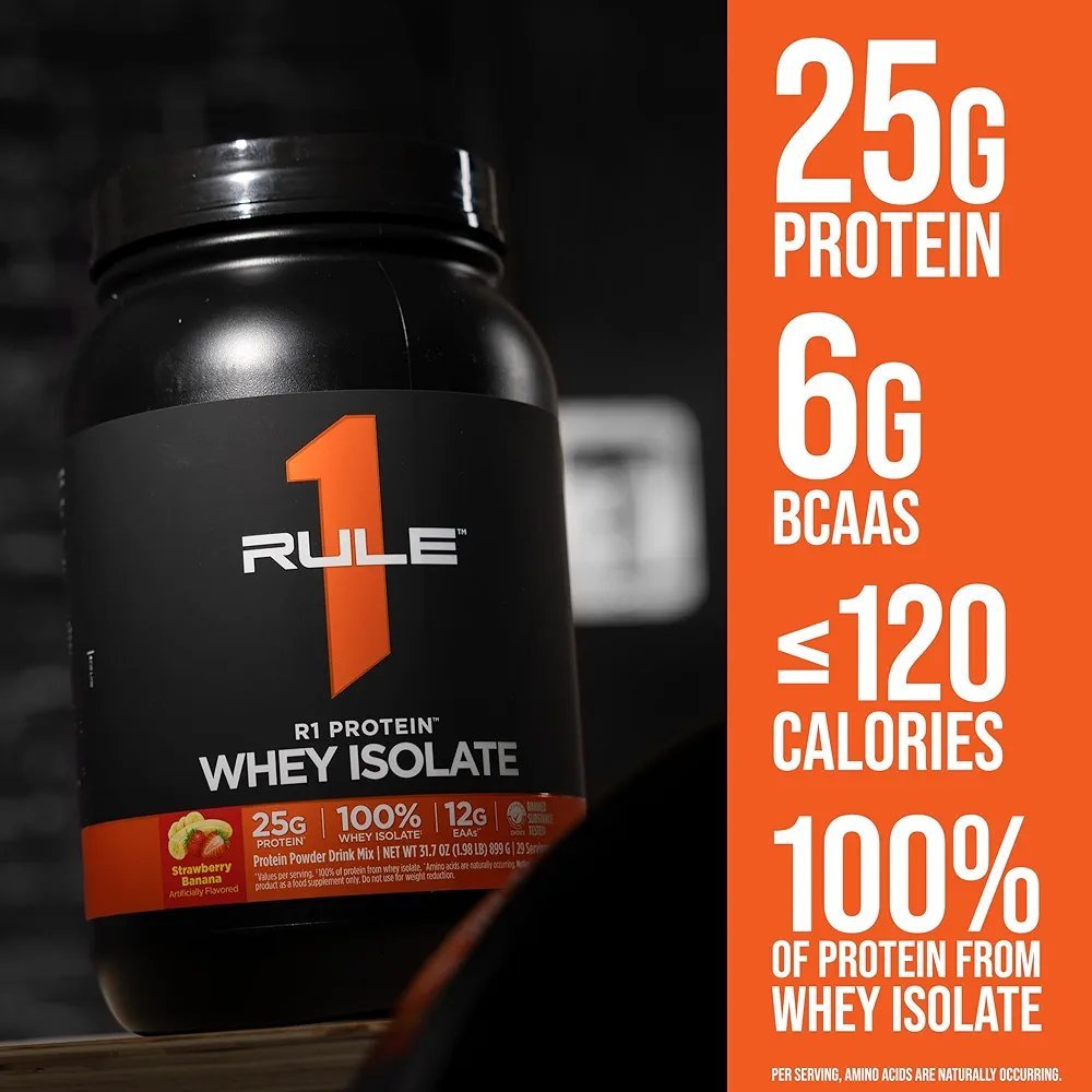 2025/08/1000389982.jpg rule 1 r1 protein whey isolate with 25g protein & 6g bcaa exclusively from isolated & hydrolyzed sources for workout recovery (5 pounds*, strawberries & crème)