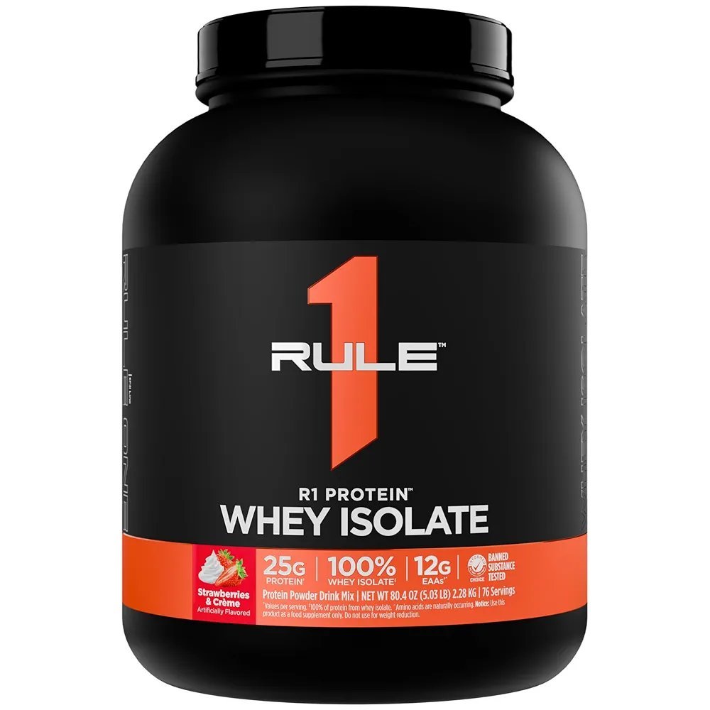 2025/08/1000389986.jpg rule 1 r1 protein whey isolate with 25g protein & 6g bcaa exclusively from isolated & hydrolyzed sources for workout recovery (5 pounds*, strawberries & crème)