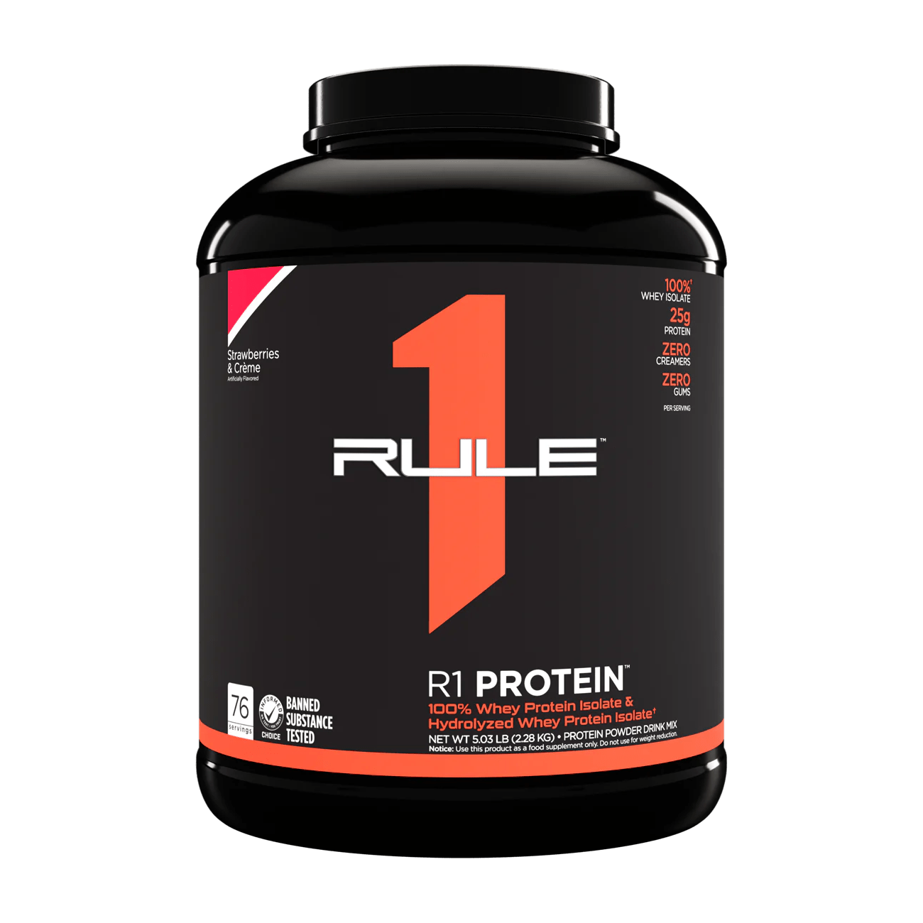 2025/08/1000389990.png rule 1 r1 protein whey isolate with 25g protein & 6g bcaa exclusively from isolated & hydrolyzed sources for workout recovery (5 pounds*, strawberries & crème)
