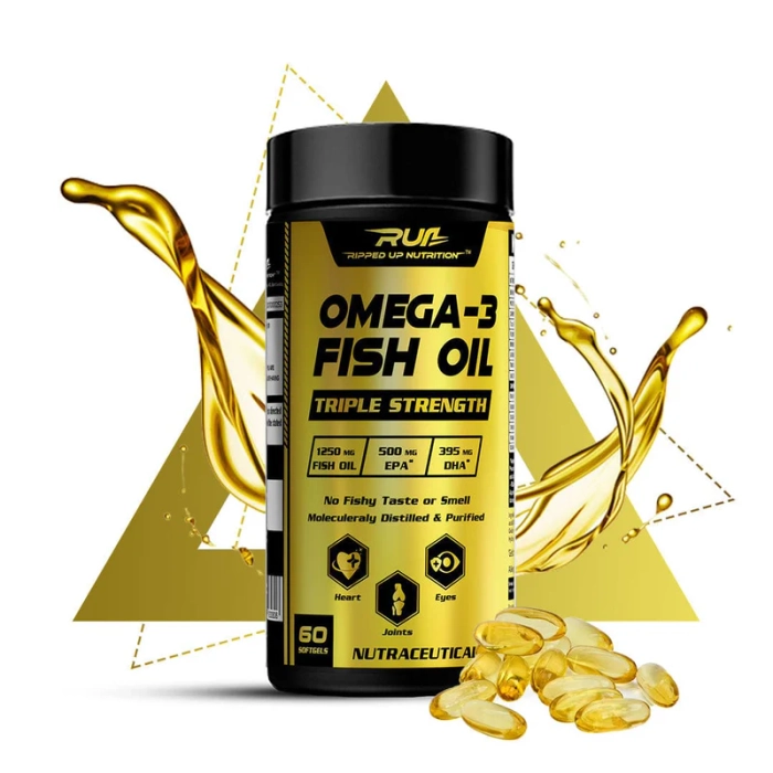 Ripped Up Nutrition Omega 3 Deep Fish Sea Oil Triple Strenth (60 Capsules) 1250mg, 500mg EPA and 395mg DHA, Essential Nutrients, Health Benefits,
